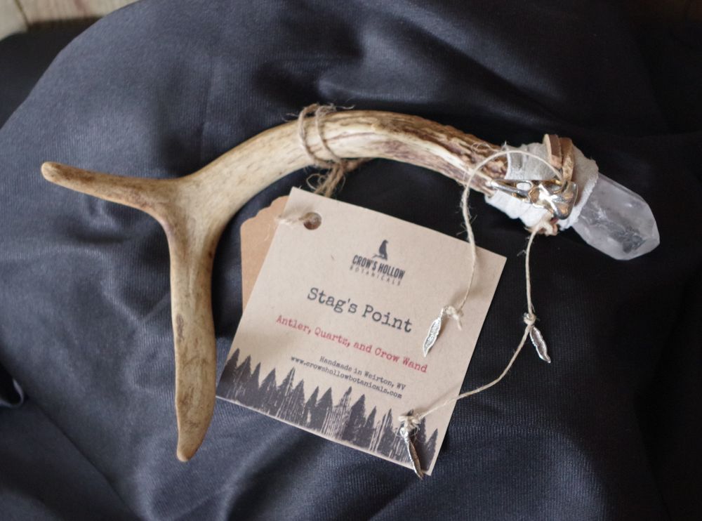 Stag's Point Antler, Crow, and Quartz Wand